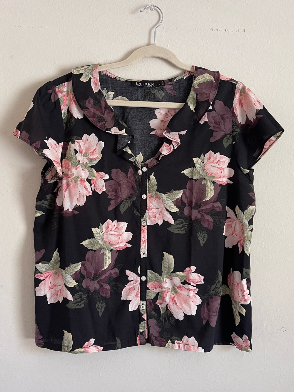Ralph Lauren Black Floral Button-Front Short Sleeve Blouse